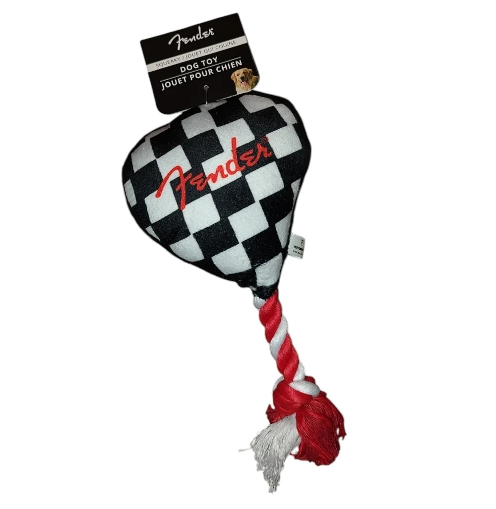 Fender Checkered Guitar Pick Squeaky Dog Toy with Rope